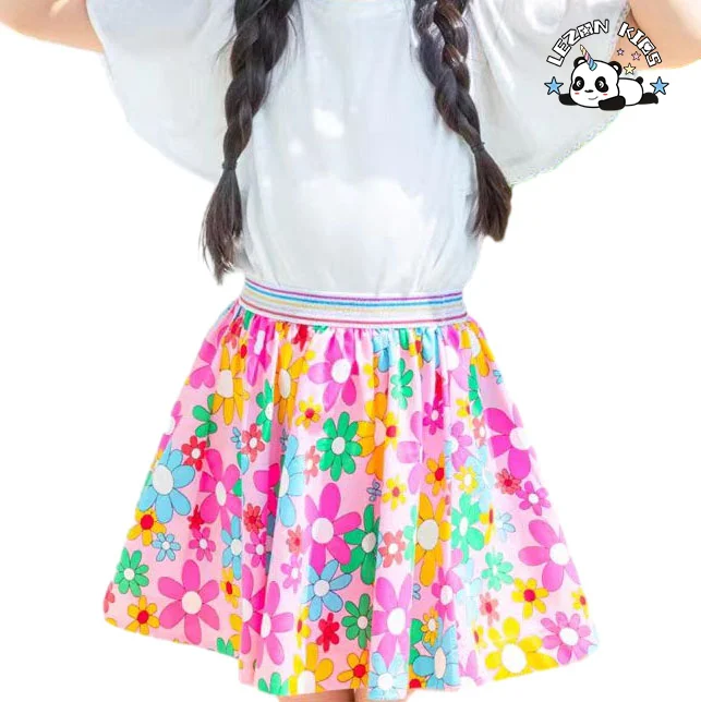 LEZONKIDS - Atacado de Novo Produto Saias Coloridas para Meninas com Flores Impressas para o Verão